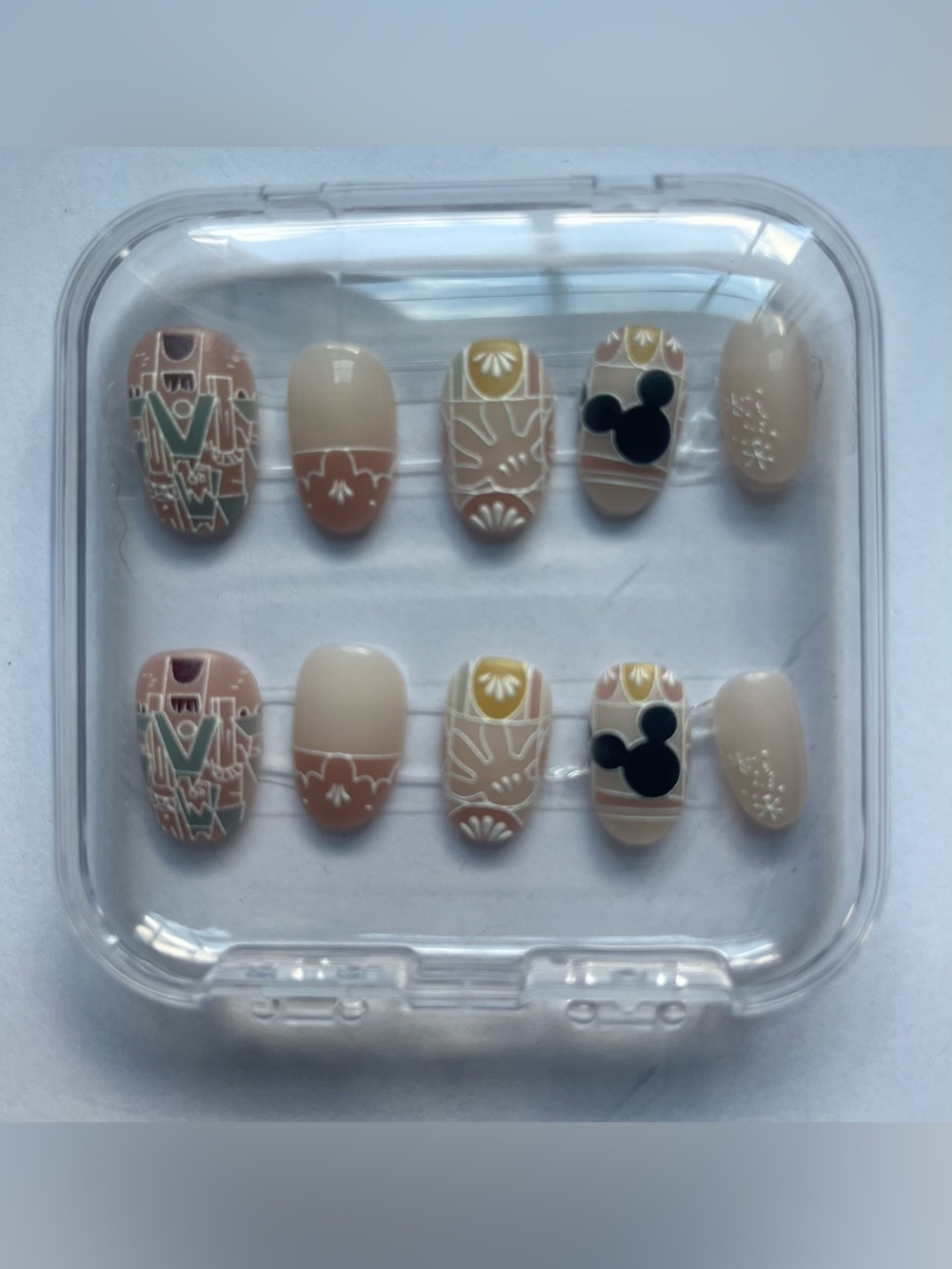 Hand-Painted Press-On Nails with Neutral Boho and Mickey Accent